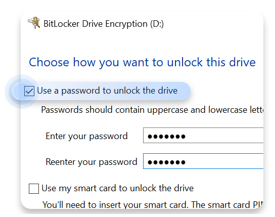 use a password to unlock the drive option