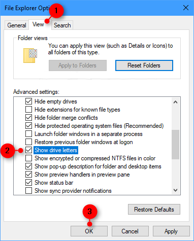 Show drive letters Folder Options