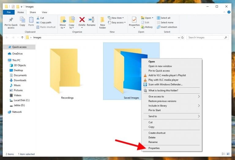 properties option of folders