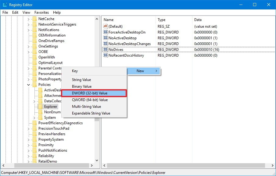 registry explore policy dword