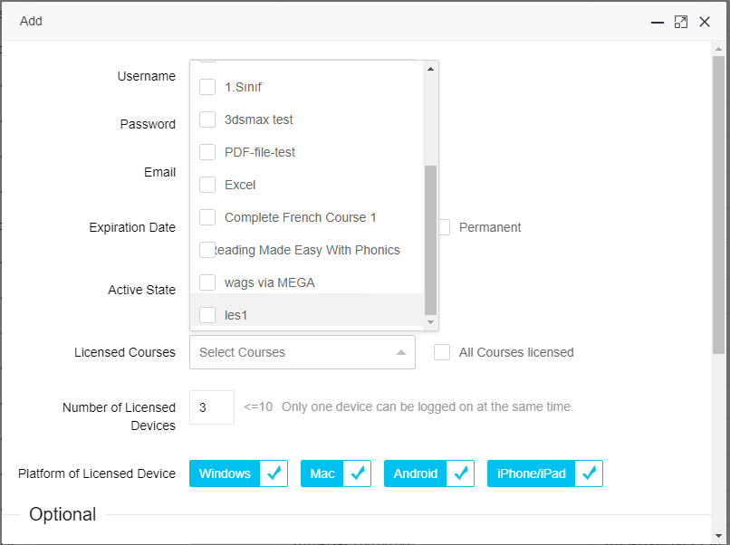 course selecting for user