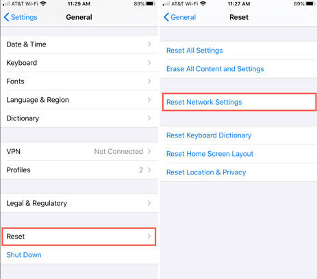 reset network settings to fix iphone no sim